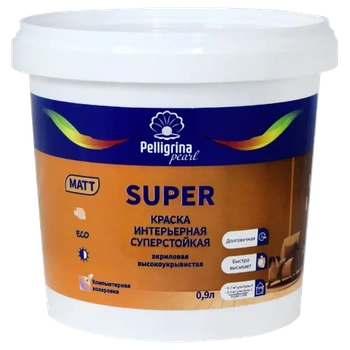 Краска "SUPER" интерьерная суперстойкая акриловая база С 0,9 Л (1/8) "ПЕЛЛИГРИНА ЖЕМЧУГ"
