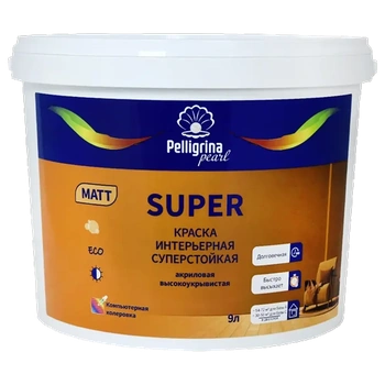 Краска "SUPER" интерьерная суперстойкая акриловая база А 9 Л (1) "ПЕЛЛИГРИНА ЖЕМЧУГ"