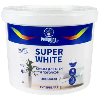 Краска "SUPER WHITE" интерьерная акриловая база А 9 Л (1) "ПЕЛЛИГРИНА ЖЕМЧУГ"