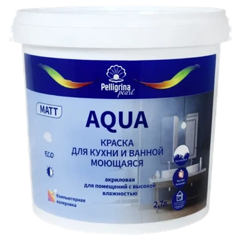Краска "AQUA "для кухни и ванной моющаяся акриловая база А 2,7 Л (1/2) "ПЕЛЛИГРИНА ЖЕМЧУГ"