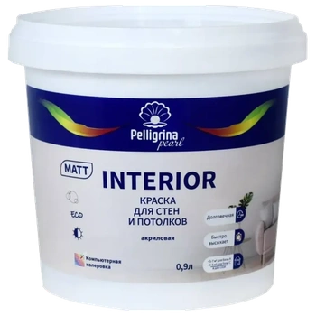 Краска "INTERIOR" для стен и потолков акриловая база А 0,9 Л (1/8) "ПЕЛЛИГРИНА ЖЕМЧУГ"